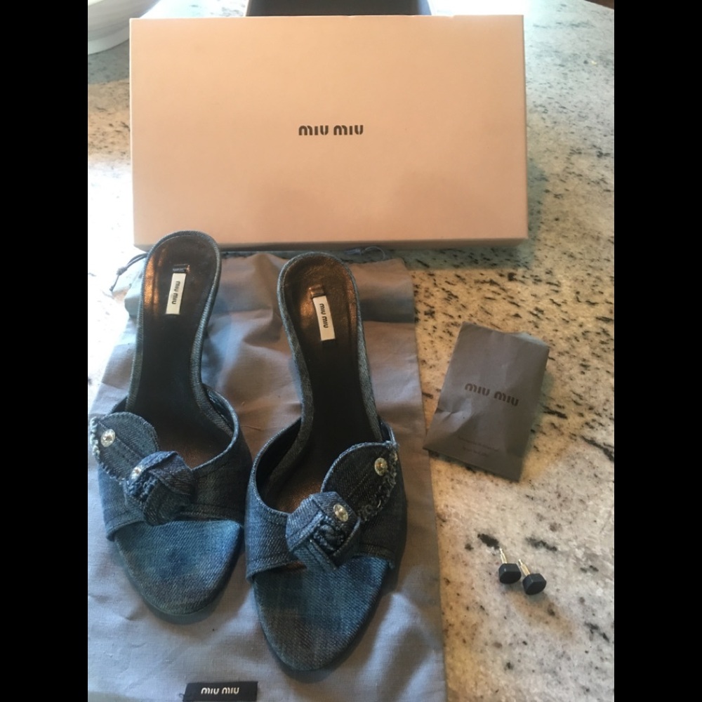 MIU MIU denim kitten heel slides - worn once!